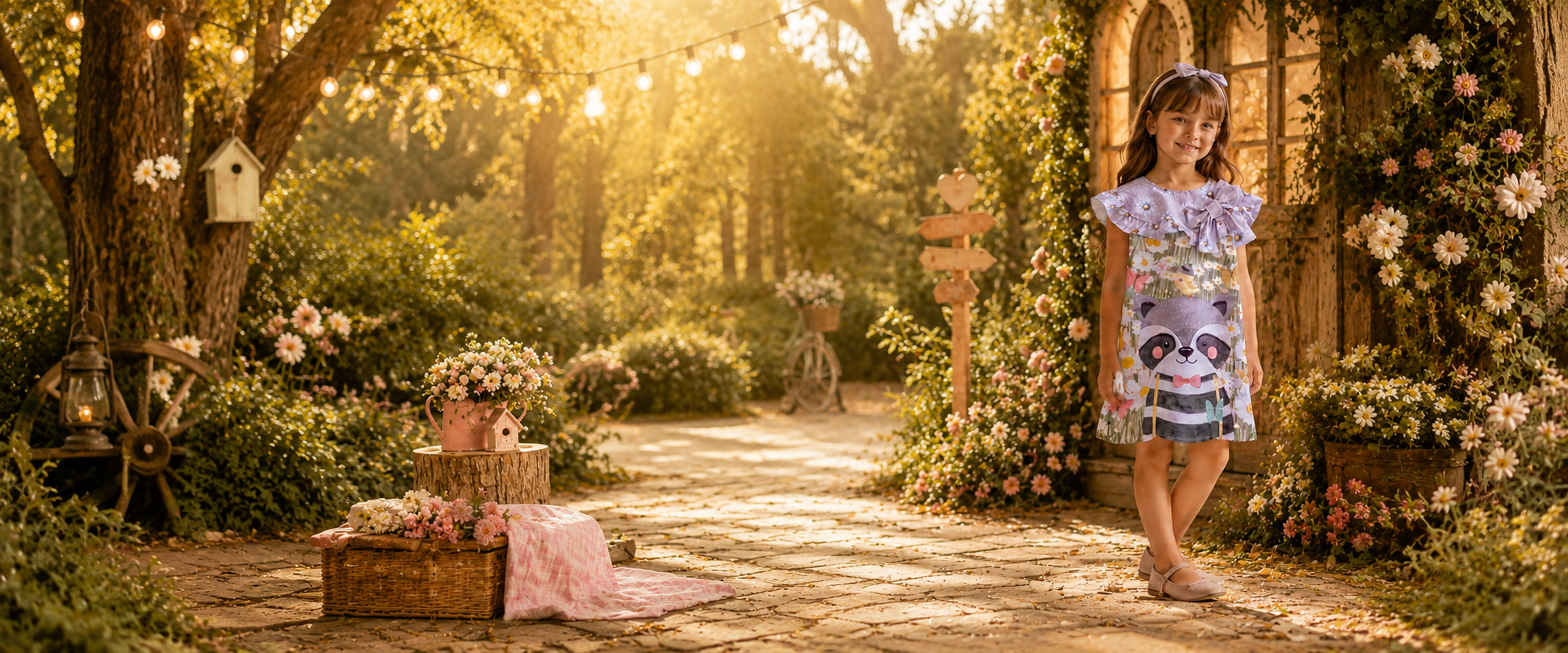 Menina com vestido lilás em jardim encantado